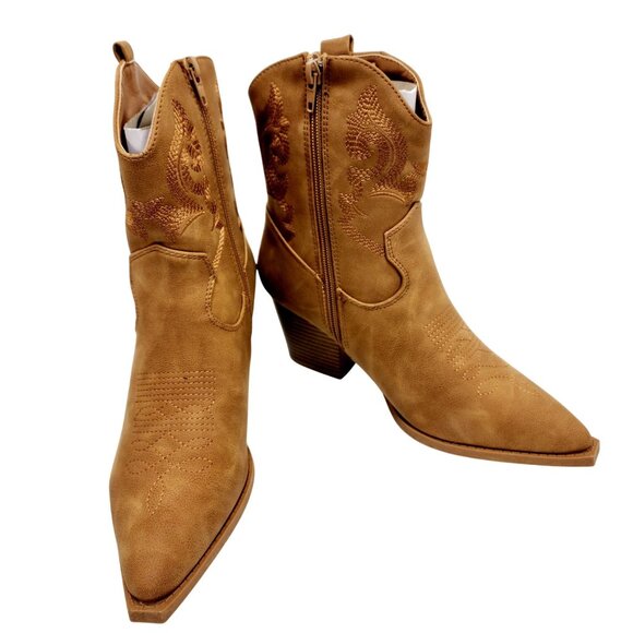 Womens Western Style Tan Ankle Boots With Embroidery & Block Heel Size 7 - Picture 3 of 11
